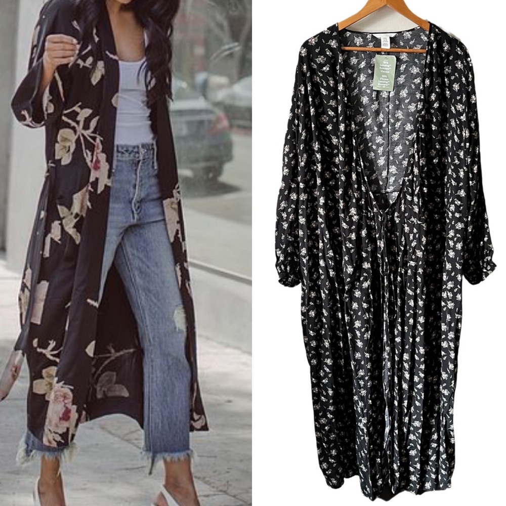 H&M Black Floral Long Cardigan Duster